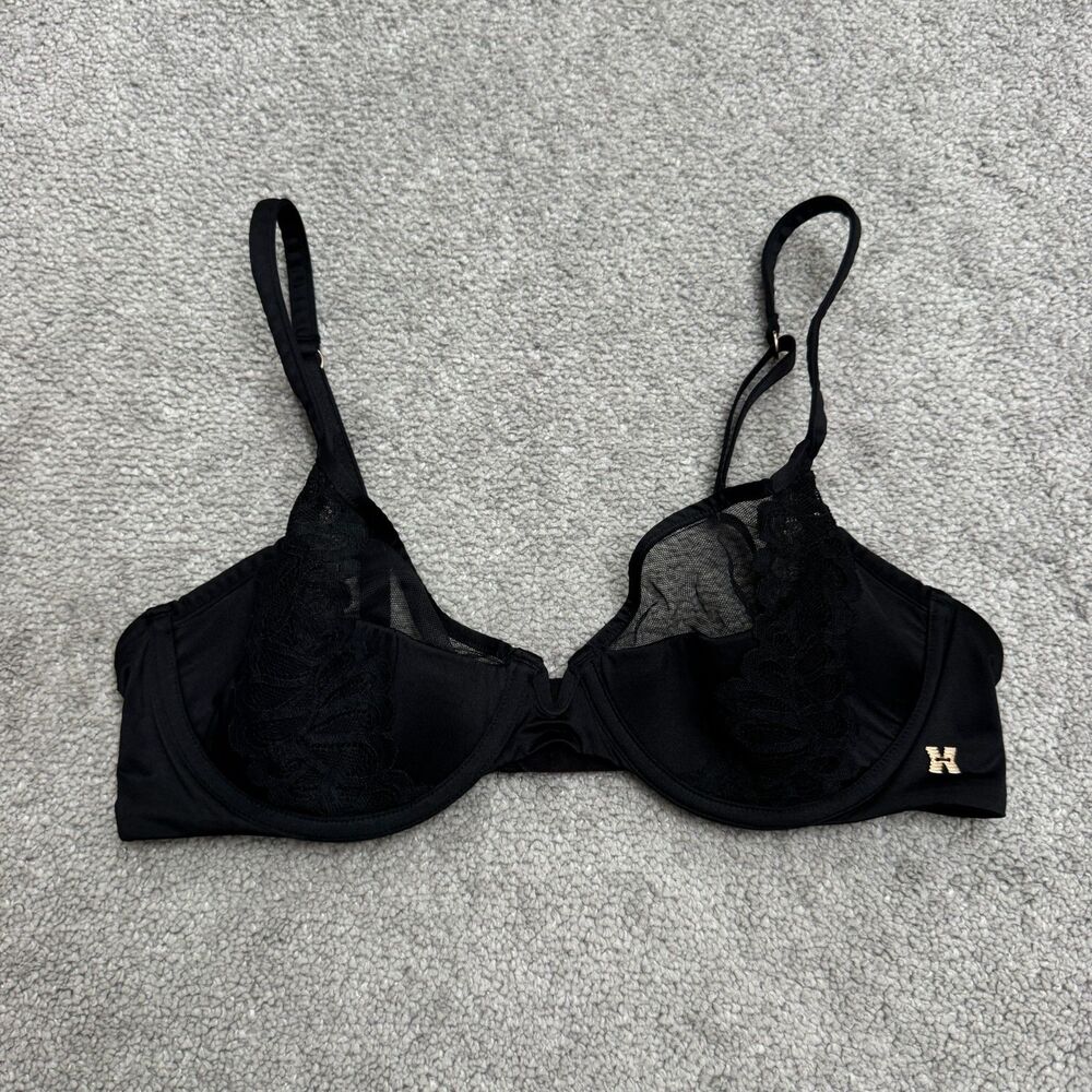 Savage X Fenty Lace Mesh Overlay Underwire Unlined Demi Bra Women 36C Black